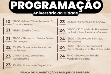 CONFIRA A PROGRAMAÇÃO COMPLETA DAS COMEMORAÇÕES DE 71 ANOS DE PEDRINHAS PAULISTA. 